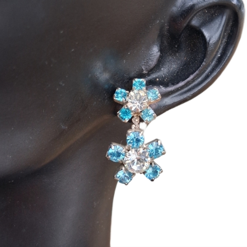 Sparkling Blue & Clear Rhinestone Flower Drop Stud Earrings